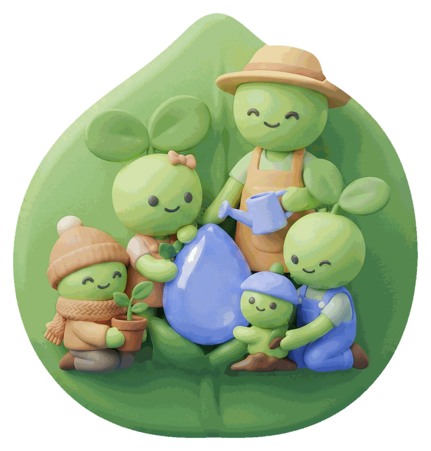 Illustration d'une famille de petites mascottes végétales arrosant une plante ensemble, sur une feuille verte.