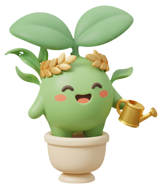 Mascotte Famileaf portant une couronne de laurier dorée et tenant un petit arrosoir doré, en clin d'œil à l'offre Premium.