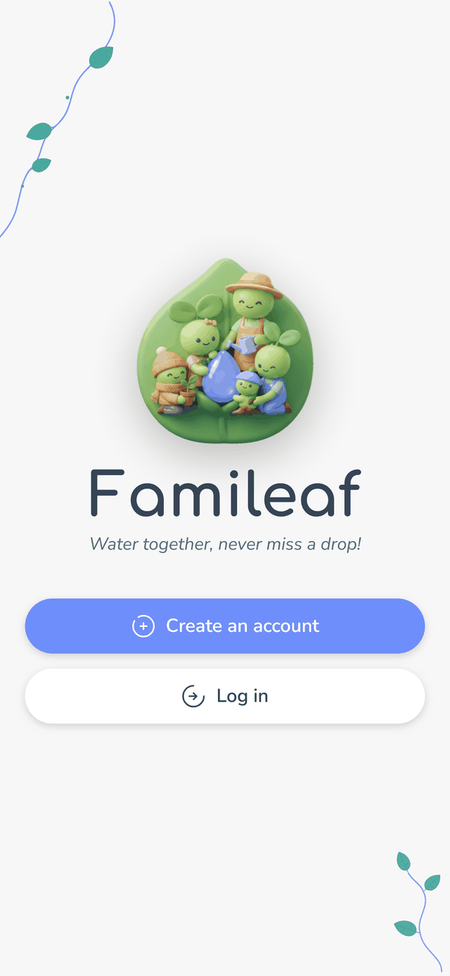 Capture d'écran Famileaf : l'écran de bienvenue de l'application, sobre et chaleureux.
