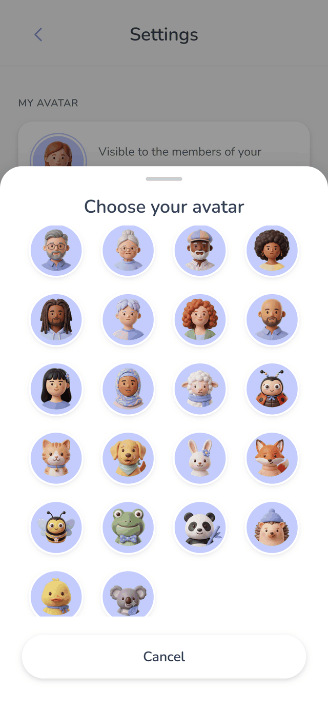 Capture d'écran Famileaf : un écran de sélection d'avatar propose plusieurs petites mascottes végétales.