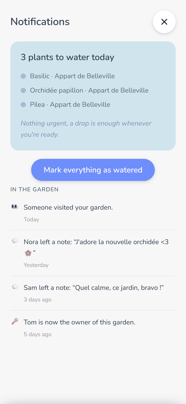 Capture d'écran Famileaf : une notification récapitule les plantes à arroser aujourd'hui, avec un message bienveillant.
