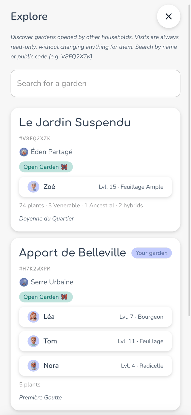 Capture d'écran Famileaf : un écran d'exploration présente les jardins d'autres foyers, en lecture seule.