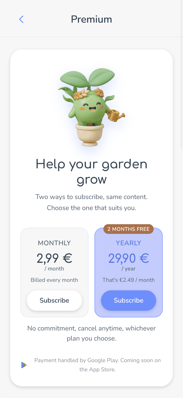 Capture d'écran Famileaf : un écran présente l'offre Premium, avec un prix clair et un bouton de résiliation.